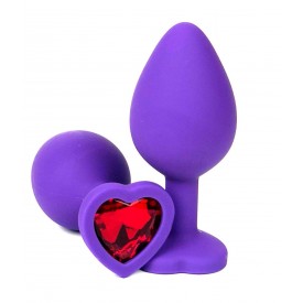 Фиолетовая силиконовая анальная пробка с красным стразом-сердцем - 8 см.