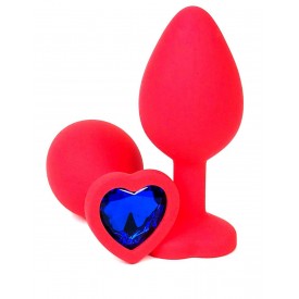 Красная силиконовая анальная пробка с синим стразом-сердцем - 10,5 см.