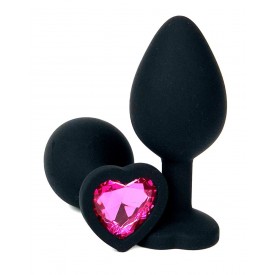 Черная силиконовая пробка с розовым кристаллом-сердцем - 10,5 см.