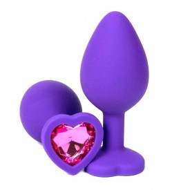 Фиолетовая силиконовая анальная пробка с розовым стразом-сердцем - 7 см.